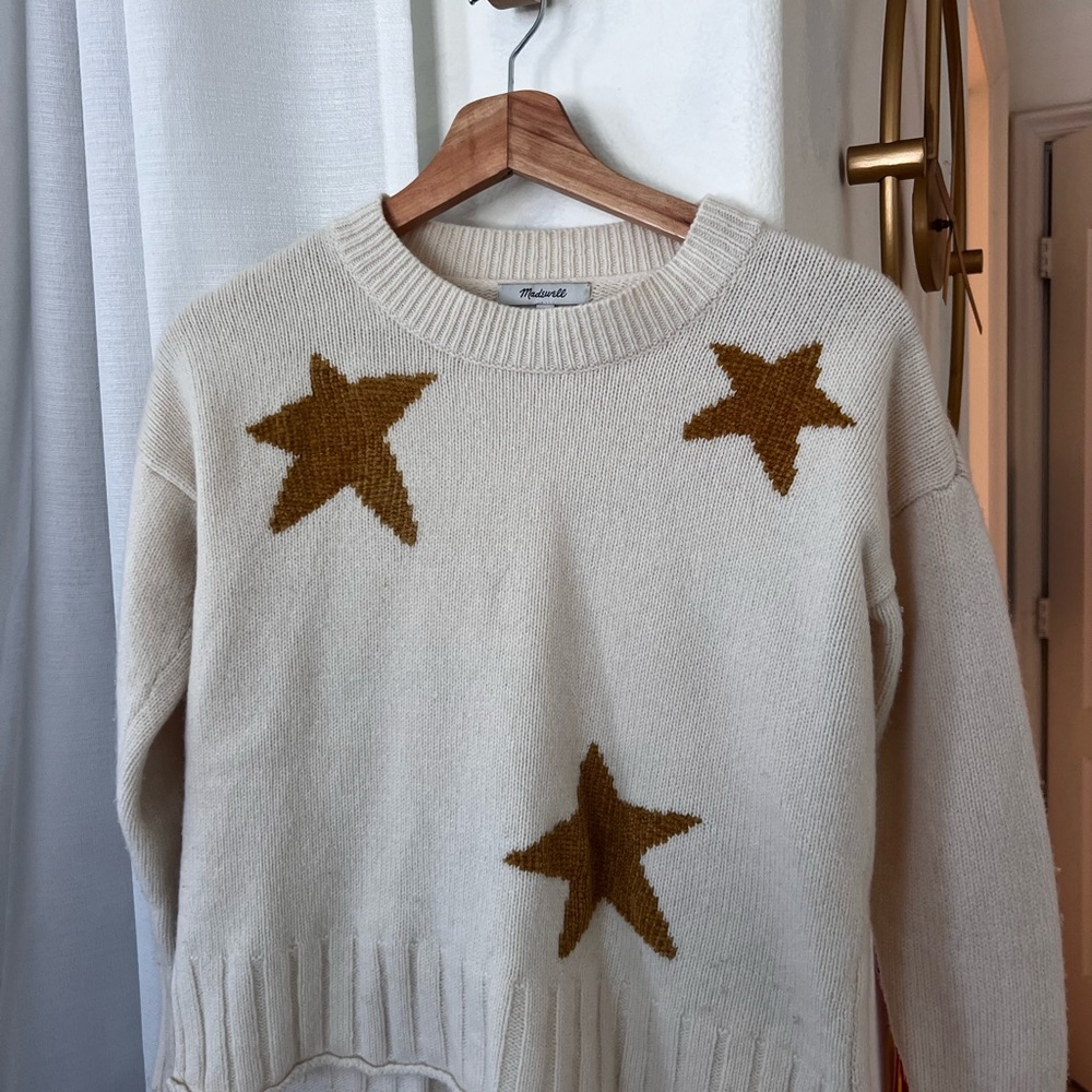 Madewell Cream and Brown Crew Neck Sweater with Star Accents
